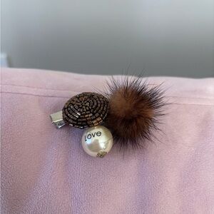Brown Beaded Hair Clip with Faux Fur and Pearl Accent